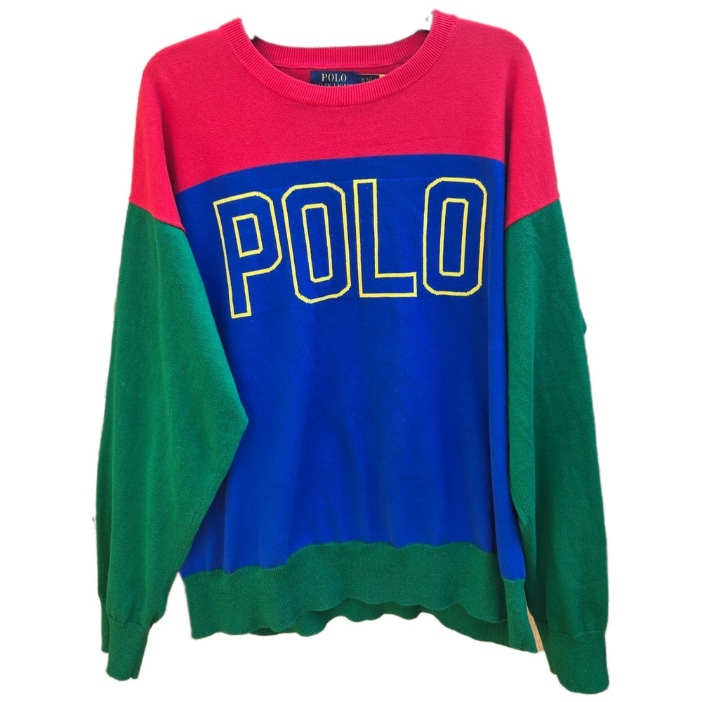 Polo Ralph Lauren Colorblock Sweater XL Red Blue Green Cotton Intarsia Logo